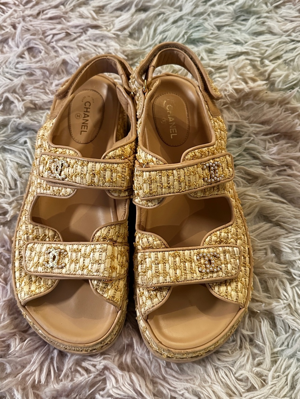 Chanel Authentic Raffia Pearl Velcro Dad Sandals Size 41
